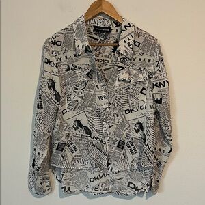 DKNY Logo Newsprint Long Sleeve Button Down Top
